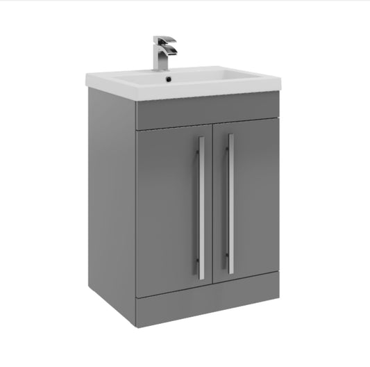 Purity 600mm Floor Standing 2 Door Unit & Mid Depth Ceramic Basin - Gloss Grey