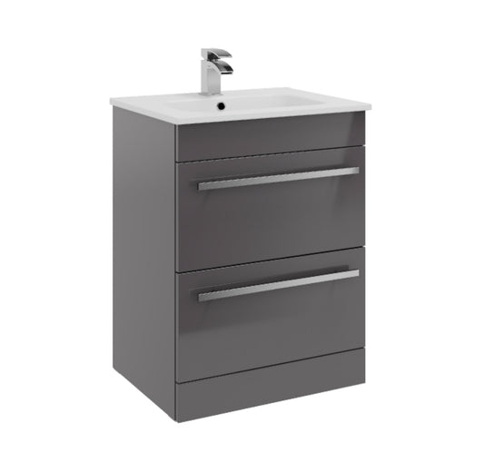 Purity 600mm Floor Standing 2 Drawer Unit & Ceramic Basin - Gloss Grey