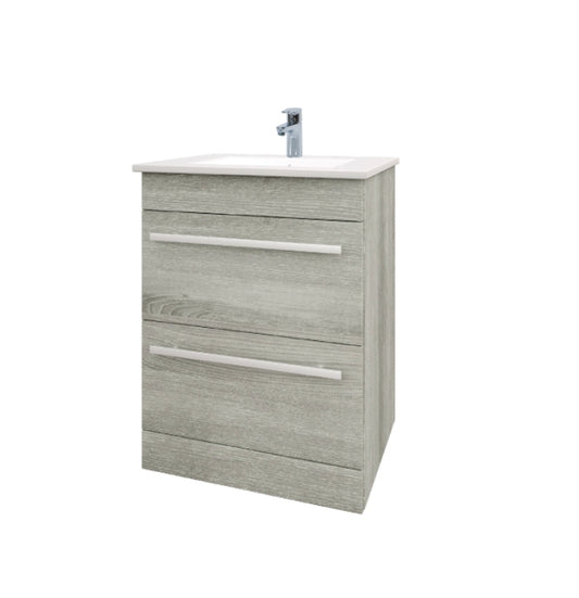 600mm Floor Standing 2 Drawer Unit & Ceramic Basin - Purity Silver Oak