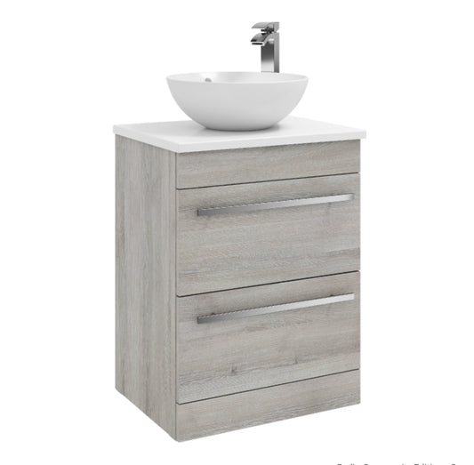 600mm Floorstanding 2 Drawer Unit with Ceramic Worktop & Sit On Bowl. Excluding Tap -Purity Silver Oak