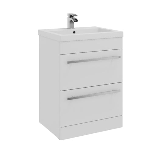 Purity 600mm Floor Standing 2 Drawer Unit & Mid Depth Ceramic Basin - White