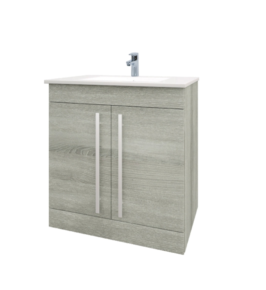 800mm Floor Standing 2 Door Unit & Ceramic Basin - Purity Silver Oak