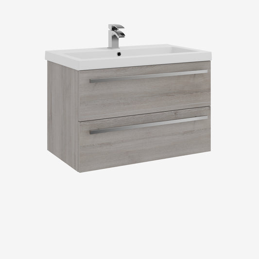 800mm Wall Mounted 2 Drawer Unit & Mid Depth Ceramic Basin - Purity Silver Oak