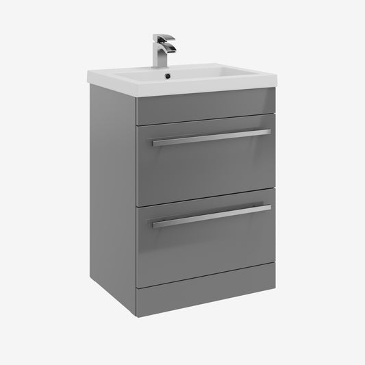 Purity 600mm Floor Standing 2 Drawer Unit & Mid Depth Ceramic Basin - Grey Gloss