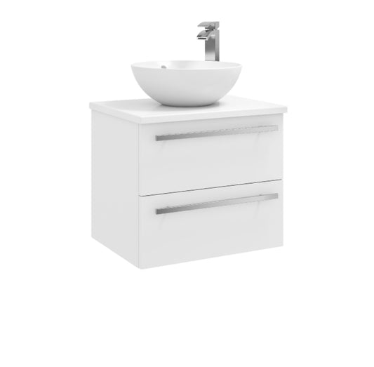 Purity 600mm Wall Mounted 2 Drawer Unit with Ceramic Worktop & Sit On Bowl - White. Excluding Tap