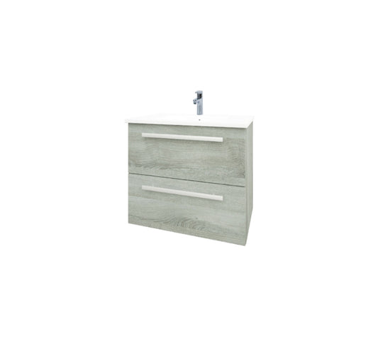 600mm Wall Mounted 2 Drawer Unit & Ceramic Basin - Purity Silver Oak