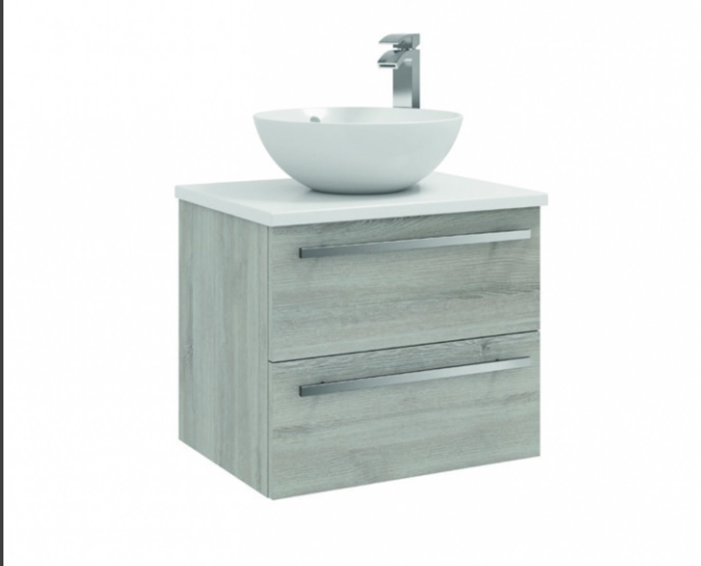 600mm Wall Mounted 2 Drawer Unit with Ceramic Worktop & Sit On Bowl - Purity Silver Oak Excluding Tap