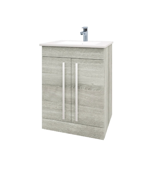 Purity 600mm Floor Standing 2 Door Unit & Ceramic Basin - Purity Silver Oak