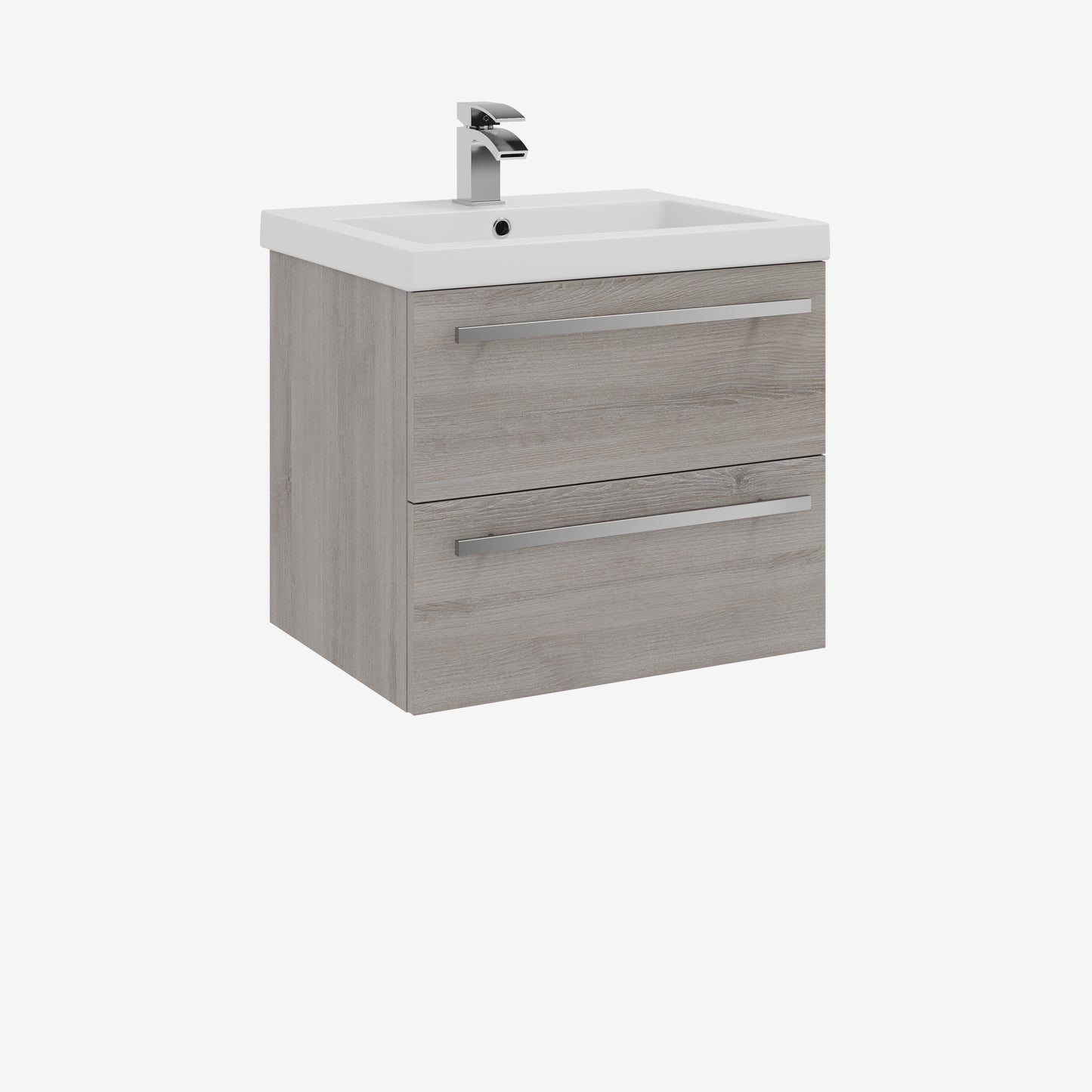 600mm Wall Mounted 2 Drawer Unit & Mid Depth Ceramic Basin - Purity Silver Oak